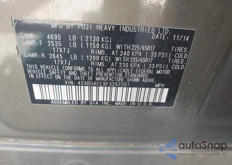 2015 Subaru Outback 2.5I Premium z USA, uszkodzony, nr VIN 4S4BSACC9F3257207